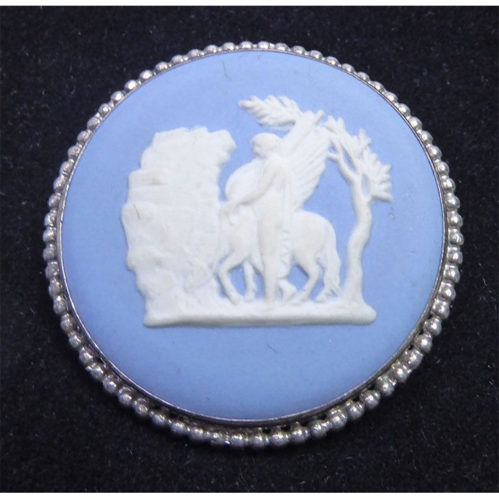 Blue Wedgwood Brooch Hallmarked Sterling Setting Bellerophon Pegasus 89$